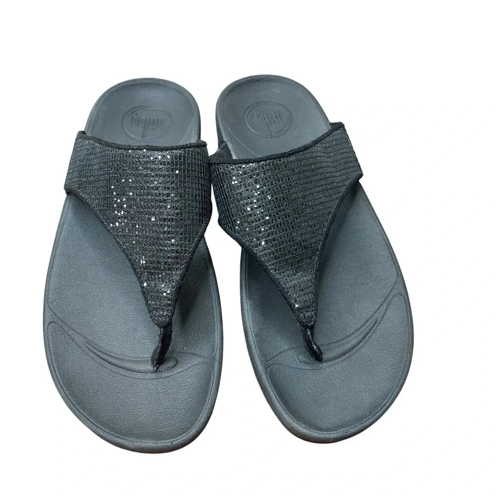FitFlop Lulu Shimmer Suede‎ Black Sandals Women's Size 6